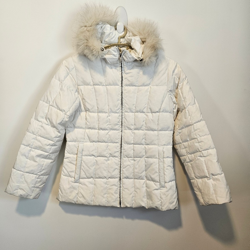 St Johns Bay Quilted Puffer Jacket Womens Medium Down White Faux Fur Trim Hood